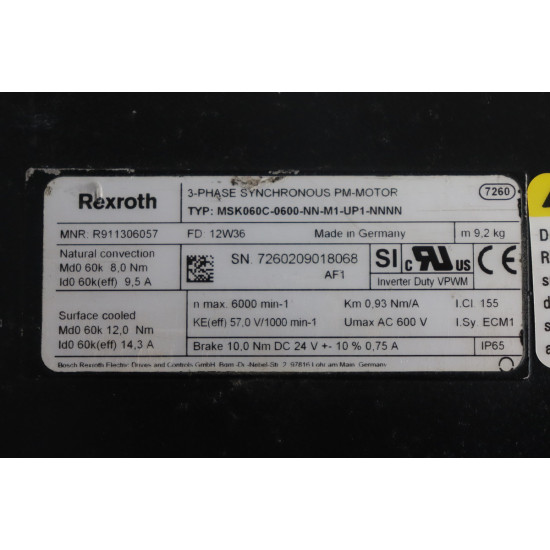 Rexroth Servo Motor MSK060C-0600-NN-M1-UP1-NNNN MNR 911306059
