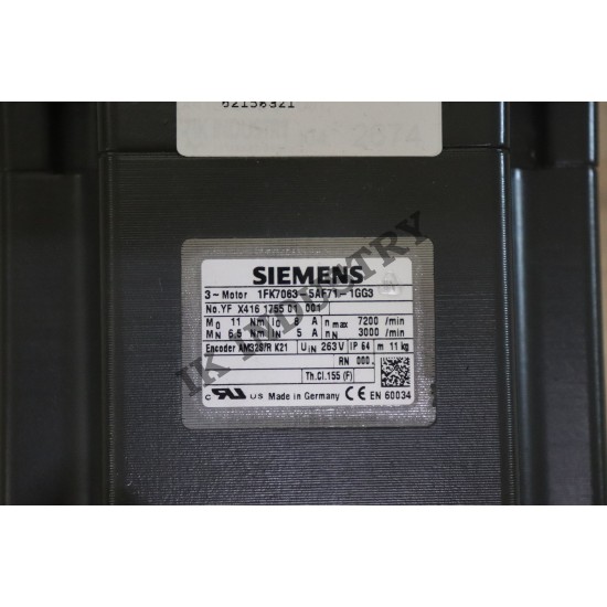 SIEMENS 1FK7063-5AF71-1GG3 3000rpm, 2.29kW Senkron servo motor