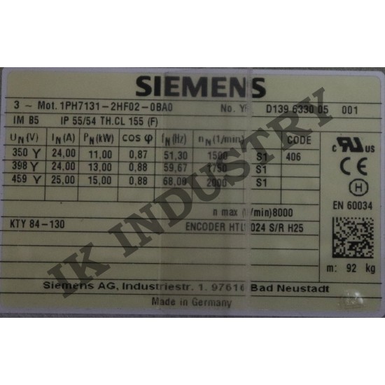 SIEMENS SIMOTICS M 1PH7131-2HF02-0BA0 11kW, 1500rpm, 70Nm VC: 13kW, 1750rpm  Kompakt endüksiyon motoru